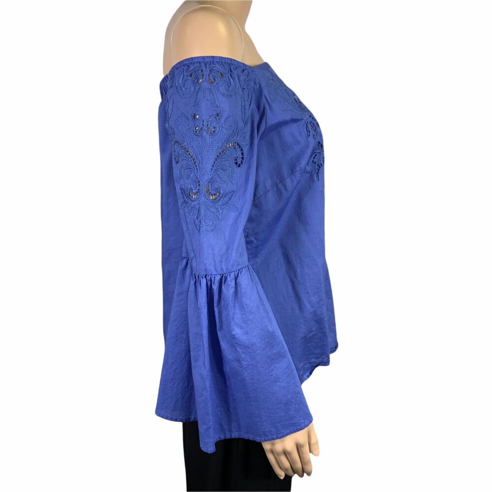 Chicos Womens Blouse Top Shirt Off Shoulder Bell Sleeve Blue Size 0 Small 4 - Picture 6 of 13